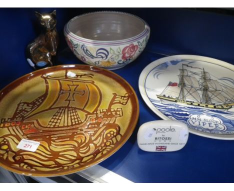 POOLE POTTERY; A TRADITIONAL BOWL, 24.5cm dia., an Aegean charger, 32.5cm dia. a gilt glazed cat, a display sign, 'by Bitossi