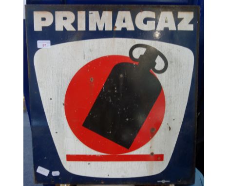 A VINTAGE ENAMEL 'PRIMAGAZ' DOUBLE SIDED SIGN, 56cm high 