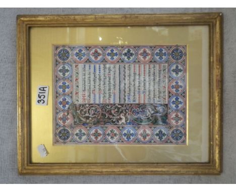 AN ILLUMINATED MANUSCRIPT, 25cm high x 19cm wide (within mount) 