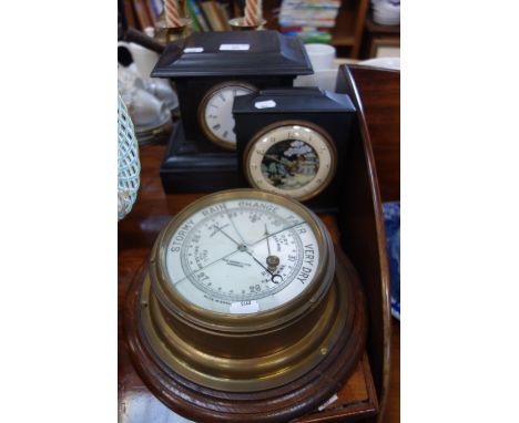 A VICTORIAN SLATE CASED MANTEL CLOCK, a smaller clock and a brass cased barometer (examine) 