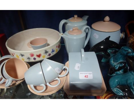 A COLLECTION OF POOLE POTTERY PALE BLUE AND PINK COFFEE WARE, three Poole animal figures and similar Poole ceramics 