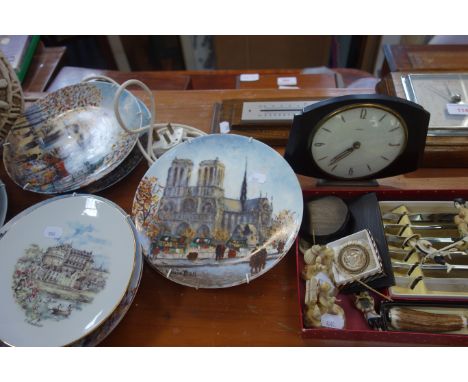 A 1960S STUDIO POTTERY TABLE LAMP, collector's plates, cutlery, a barometer and sundries 
