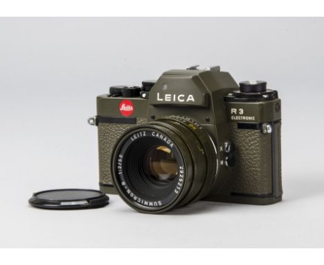 A Leica R3 Electronic 'Safari' Camera, serial no. 1482414, olive, shutter working on manual setting, body, VG-E, 1978, with L