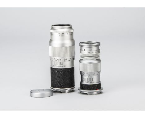 A Pair of Leitz Lenses, a Elmar 90mm f/4, serial no. 1725103, chrome, barrel F, rudimentary repairs to vulacanite, elements, 