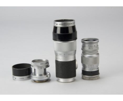 A Collection of Leitz Lenses,  Elmar 5cm f/2.8, serial no. 1636425, with Uva filter, ITOOY lens hood, barrel G, elements, F-G