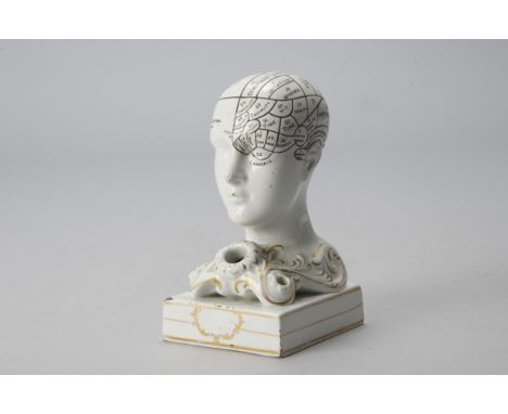 A mid-19th Century glazed white ceramic Bridges Phrenology Head Inkwell, impressed to front ' By F Bridges, Phrenologist', wi