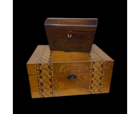Early 19th century domed tea caddy and 19th century Tunbridge-ware writing slope. Writing slope size 30 x 21 x 15cm approx. S