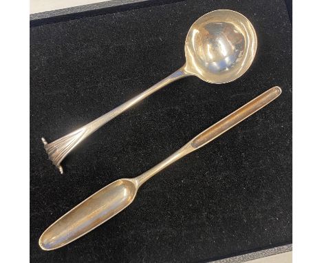 A George II silver marrow scoop, Ebenezer Coker, London 1755, plus a Georgian ladle.  Nice clear marks, length approx. 21 cm.