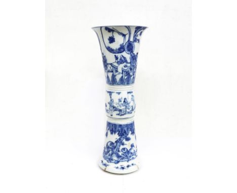 Large early 19th Century Kangxi type trumpet vase With blue and white decoration of scribes, officials and Foo dogs in rural 
