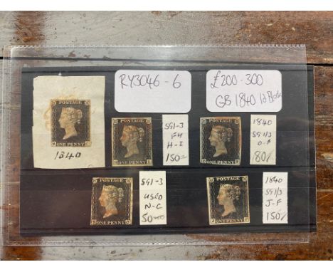 Five GB 1840 SG1-3 Penny Black stamps, all used, one on paper and dated, various plates