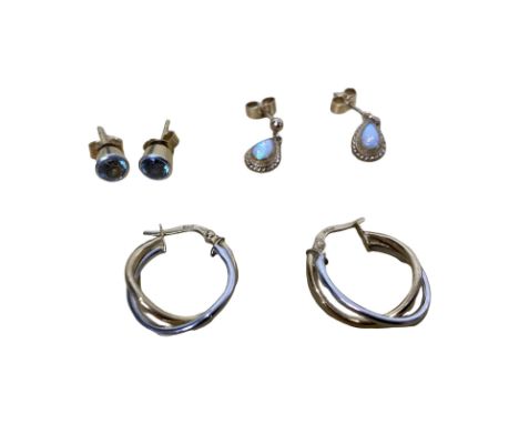AWAY Mixed lot of 9ct gold earrings, to include pair of hoops, opal drops and blue gemstone studs. Total weight approx 4.7gm

