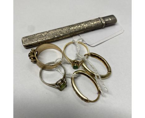 Mixed lot of gold and silver items, including two 9ct gold rings,  one is a purple and white stone cluster ring size Q approx