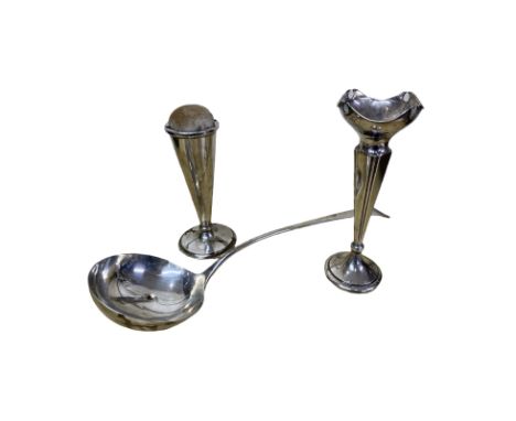 A George III silver soup ladle 147g, plus two silver posy vases  Hanoverian pattern soup ladle with engraved initials, marks 