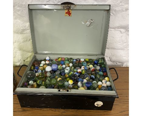 A lock box full of mostly vintage marbles  Box 30 x 20 x 10.5 cm approx.