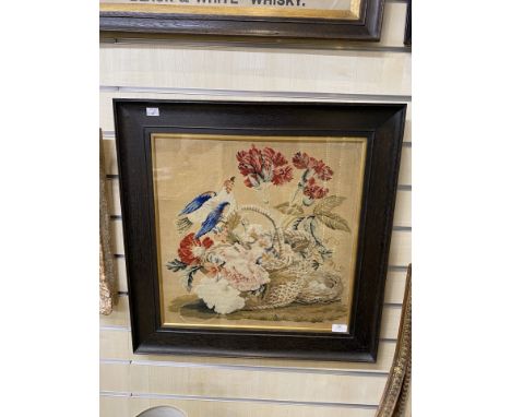 Framed Victorian Tapestry bird on a basket of fruit. Measuring approximately 47cm x 47cm. Inclusive of frame 62.5cm x 62.5cm.