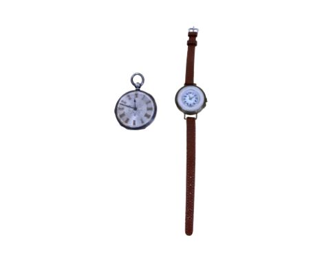 Stauffer; a late 19th century Ladies silver pocket watch, plus an early 20th century ladies wristwatch  Open faced, key wind 