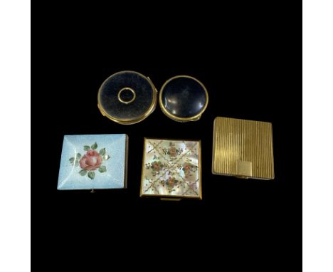 Selection of Art deco era powder compacts inc. A Dorset Fifth Avenue enamelled rose compact An Elgin American mother of pearl