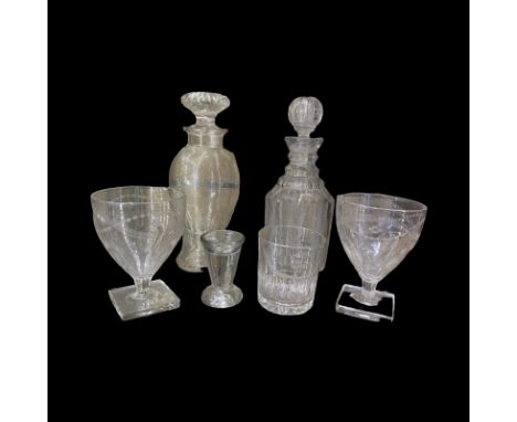 Mixed Georgian Glasses and Decanters (6)  To include: 2 x Regency square based claret glasses with etched decoration. A very 