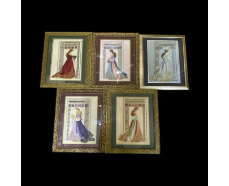 Set of 5 Framed Needlepoint / Tapestry Ladies in Flowing Gowns  Each of the same lady in a different flowing gown covering th