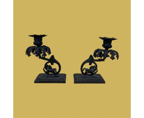 A pair of Unusual 19th Century Bronze Table Candlesticks. Made as lustres. (There are some lustres that go with this lot but 