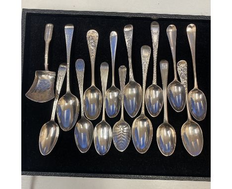 A collection of Georgian silver picture-back spoons, bright-cut teaspoons and a caddy spoon (15)  Seven examples of various p