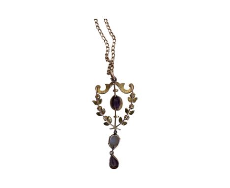 9ct Edwardian amethyst, seed pearl and opal pendant approx 8.41g