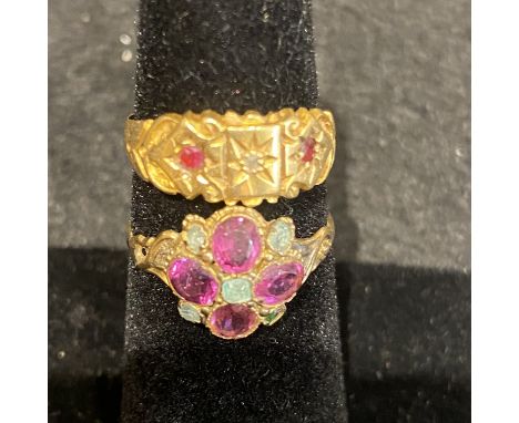 Two 18ct gold Victorian rings A ruby and diamond chip gypsy style ring Size K. Approx weight 1.84g. Nice condition. An Amethy