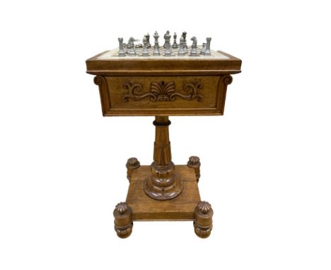 Elm/Walnut Hardstone Topped Chess Table Unusual Pedastal Chess table with a hardstone chess board with inlaid banding and dif