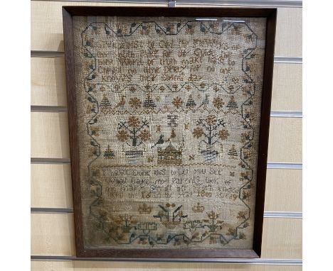 Georgian Framed sampler, dated 1800.  With Biblical devotional text at top, personal message referring to her parents and her