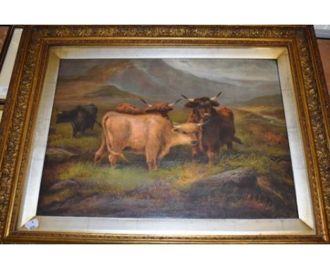 (19th century), a print, Highland cattle, 35 x 49cm, fancy gilt plaster framed and glazed, 55 x 69cm, some frame damage