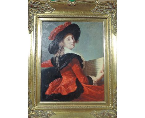 Vigee Lebrun, (19th century), after,a 20th century re-print, textured, portrait, De La barqnne Cruss, 24 x19cm, ornate framed