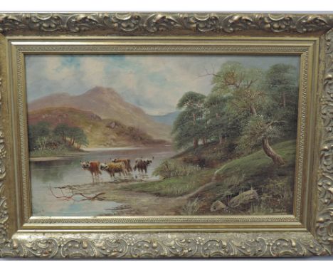 R Davis. (19th/20th century), an oil painting, Highland cattle Loch Leven, signed and attributed verso, 24 x 39cm, gilt effec
