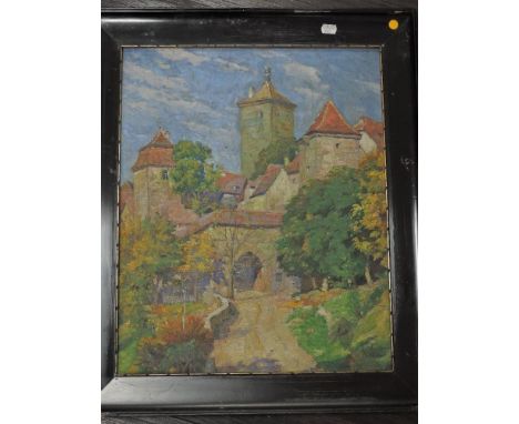 R Beck, (20th century), an oil painting, Continental townscape, indistinctly signed, 53 x 44cm, framed, 66 x 56cm