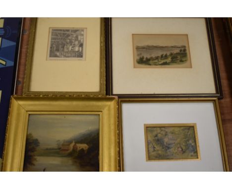 (19th century), an oil painting on board, river scene, 12 x 14cm, gilt effect frame, 19 x 22cm, ( 19th century), a Baxter pri