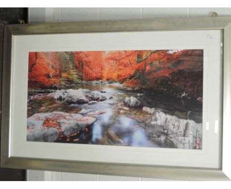 James Bell, (contemporary), after, a print, Autumn River Ramble, attributed verso, 43 x 83cm, mounted framed and glazed, 70 x