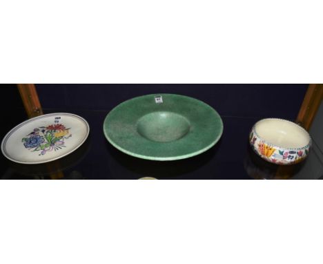 Three items of Poole Pottery, comprising of Sylvan Ware green glazed shallow bowl, 33cm diameter, floral decorated bowl and p