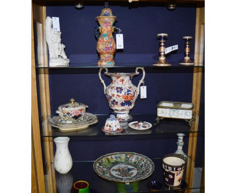 A quantity of mainly 19th century pottery, to include Imari candlesticks, possibly Derby, Staffordshire flatback figure and o