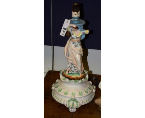A Continental porcelain figural table lamp, in the form of two classical females, richly painted, raised on ornate circular b