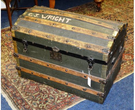 A vintage wood bound travel trunk, with hinged lid, CJ Wright painted to top and side, 54cm high x 76cm wide