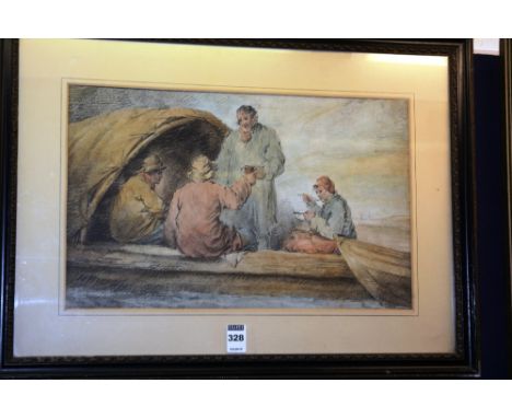 George Morland
'Taking Lunch on the River Boat'
Coloured lithograph, signed on stone and dated 1795, 25 x 40cm