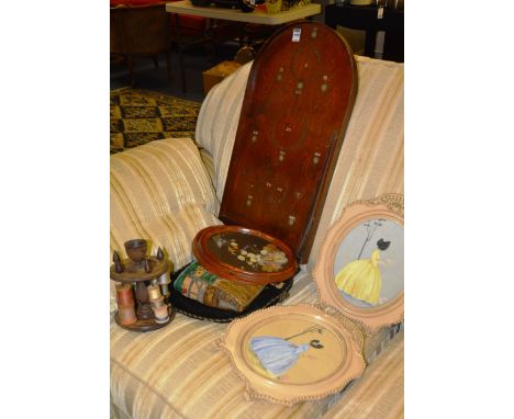 A bagatelle board, including a spool holder, framed flower etc (a lot) 