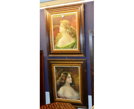 A pair of vintage pears style portrait pictures, both depicting females with flowers in hair, in oak frames, 48 x 35cm