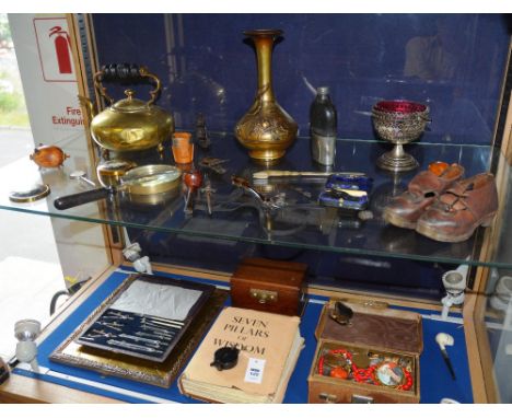 A mixed lot including a USA military compass, drawing set, letter opener, magnifying glass, jewellery box, child's clogs etc 