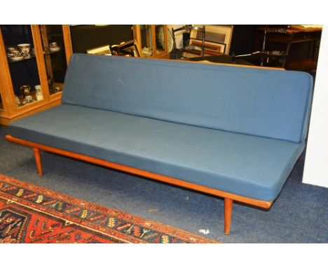 A retro teak sofa by France & Son of Denmark c.1970's, the seat and back rest upholstered in blue fabric, 77cm high x 195cm w