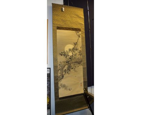 A Chinese wall hanging ink on silk scroll picture, featuring butterflies on tree on green foliate background, with black insc