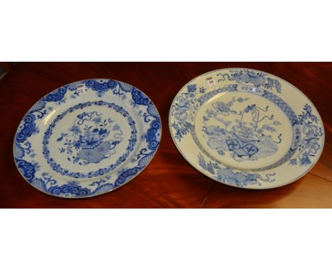 An early 20th century Japanese Fukagana style blue and white porcelain charger, decorated with blue floral panels on white gr