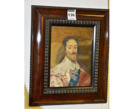 A hand woven portrait of King Charles I, from the painting by Daniel Mytens, sewn by Lucy Fenwick, in dark wood frame with eb