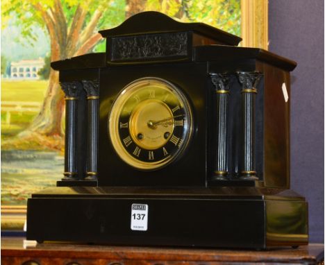 A Victorian black slate mantle clock by Hamilton & Inches, of Corinthian style with gilded dial and ebonised chapter ring, 30