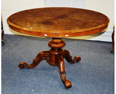 A Victorian figured walnut circular breakfast table, raised on faceted tulip column and scroll tripod supports, 73cm high x 1