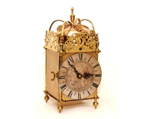 A 17th century style brass lantern clock by Thomas Mudge, early 20th century in age, with single fusee movement in typical ca